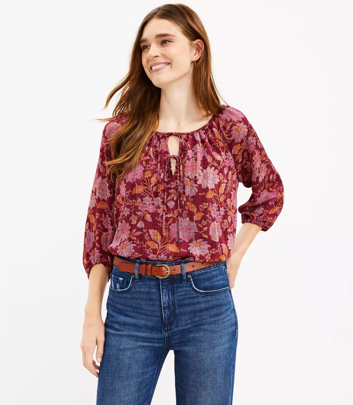 Floral Tie Neck Blouse | LOFT