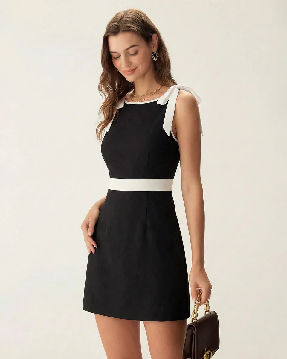 Black Contrasting Bowknot Mini Dress | rihoas.com