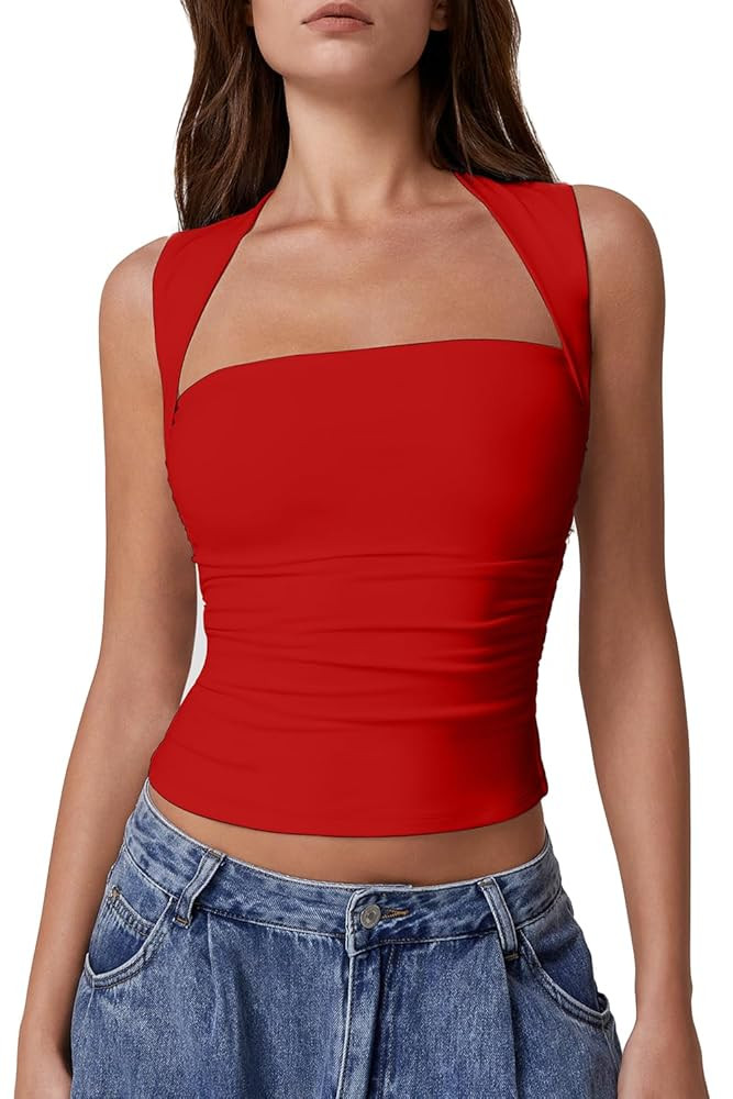 QINSEN Womens Square Neck Tank Tops Side Ruched Double Lined Slim Fit Summer Going Out Crop Top | Amazon (US)