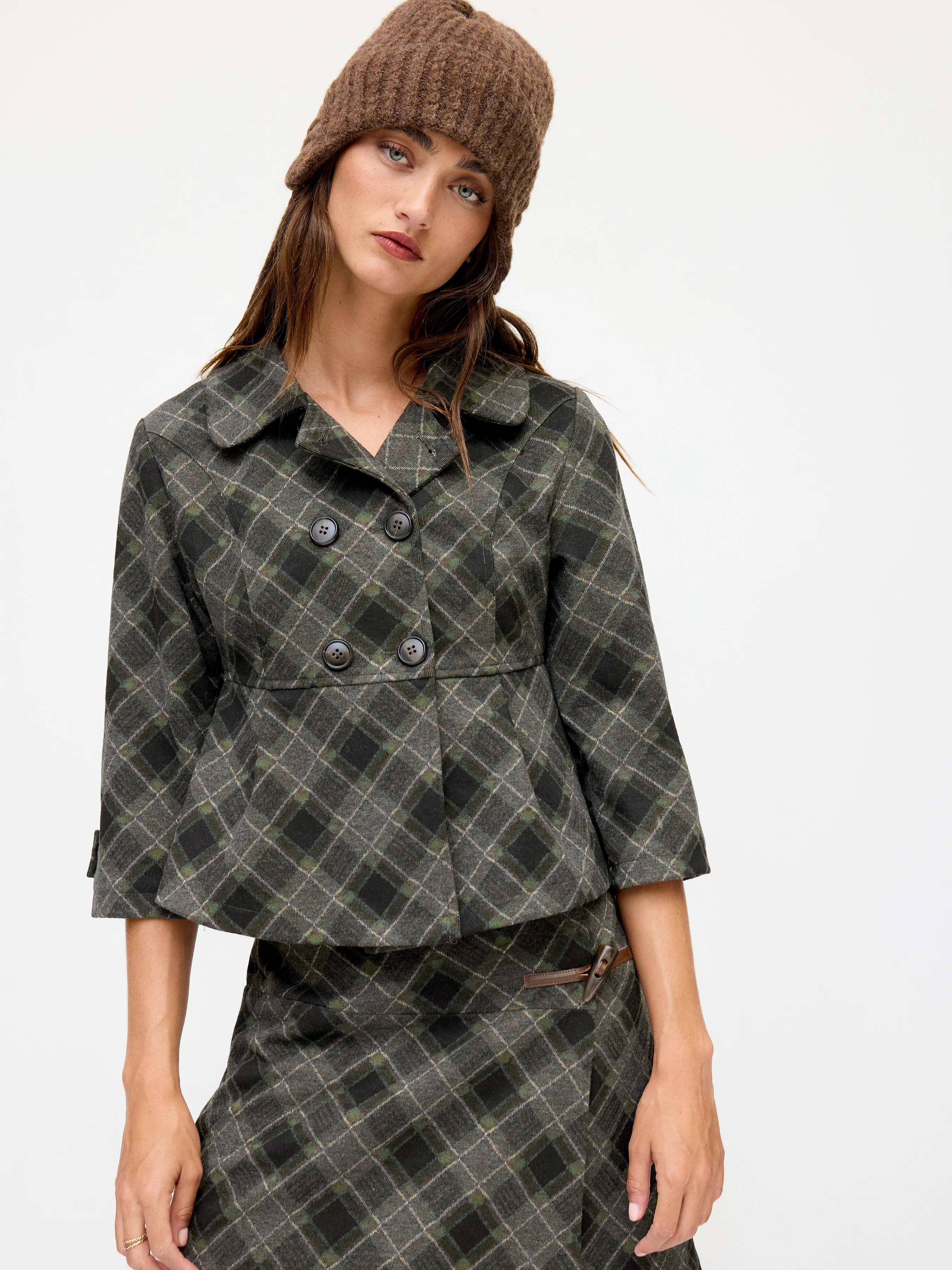 Jacquard Jacquard Peter Pan Collar Plaid Double Breasted Mid-length Sleeve Jacket For Daily Casua... | Cider