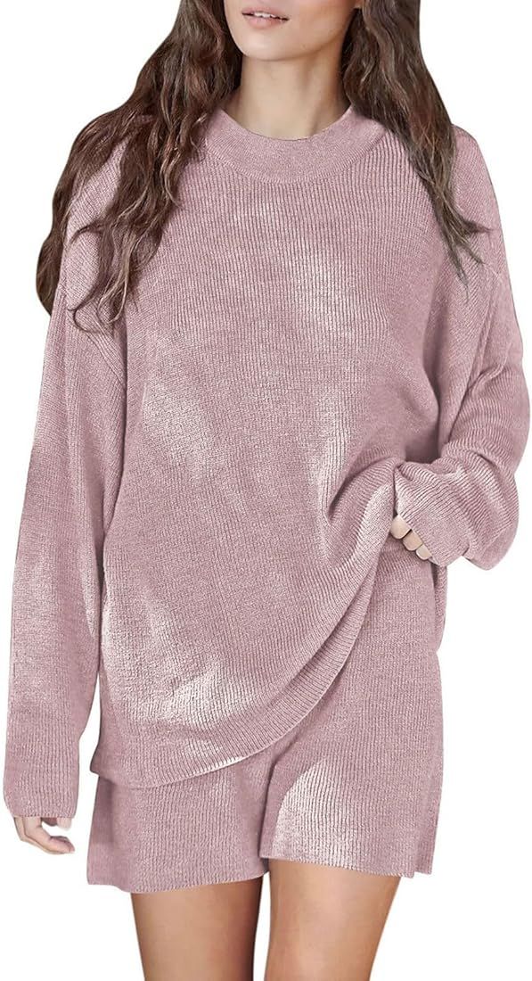 Viottiset Women's 2 Piece Outfits Lounge Shorts Set Oversized Sweater Top Loungewear Sweatsuit | Amazon (US)