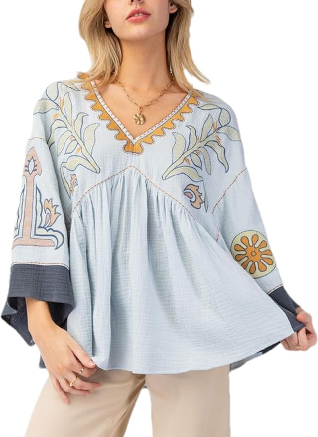 Zontroldy Women's Summer Casual V Neck Wide Sleeve Color Block T-Shirts Loose Fit Boho Peplum Bab... | Amazon (US)