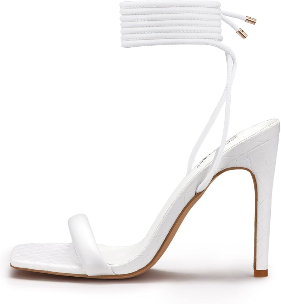 GENSHUO Strappy Lace up Stilletos High Heel Sandals Women Open Square toe Tie up Heels Sexy Weddi... | Amazon (US)