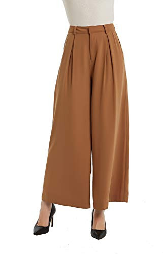 Tronjori Women High Waist Casual Wide Leg Long Palazzo Pants Trousers Regular Size(L,Brown Short) | Amazon (US)