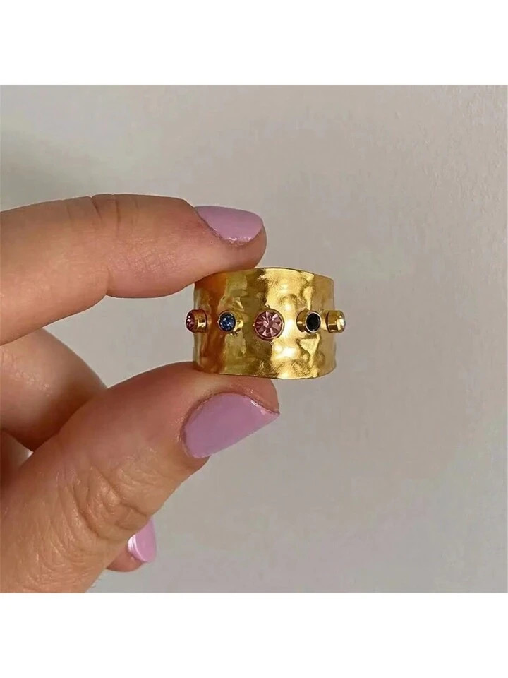 VKHK 1pc Vintage 18k Gold-Plated Stainless Steel Ring Decorated With Cubic Zirconia, Suitable For Women's Daily Wear | SHEIN