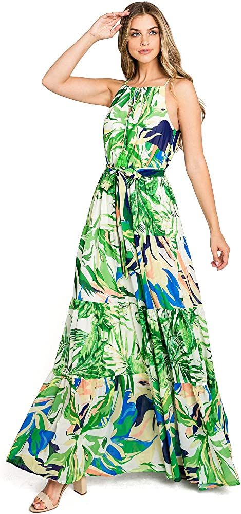 Flying Tomato Women's Lush Tropical Vacation Halter Maxi Dress | Amazon (US)