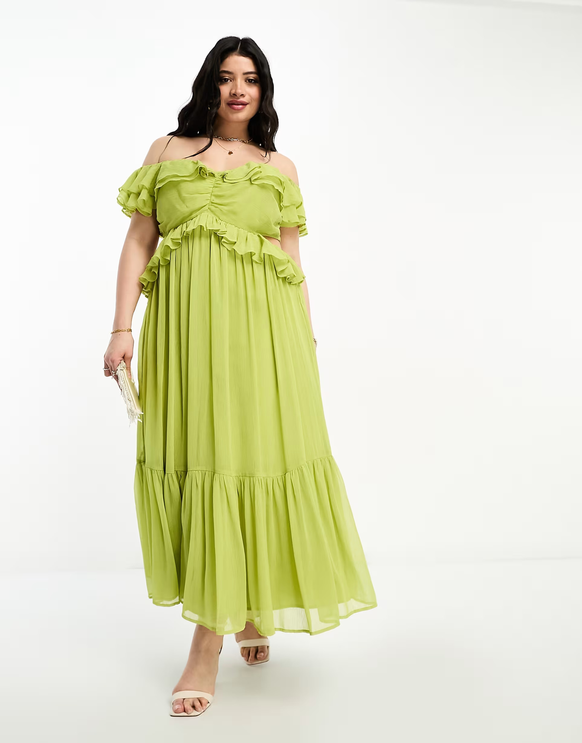 ASOS DESIGN Curve ruffle cut out off the shoulder midi dress in olive green | ASOS (Global)