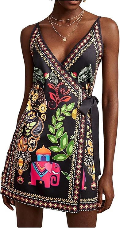 RoseSeek Women's Tropical V Neck Mini Dresses Summer Sleeveless Wrap Tie Knot Boho Short Cami Dre... | Amazon (US)