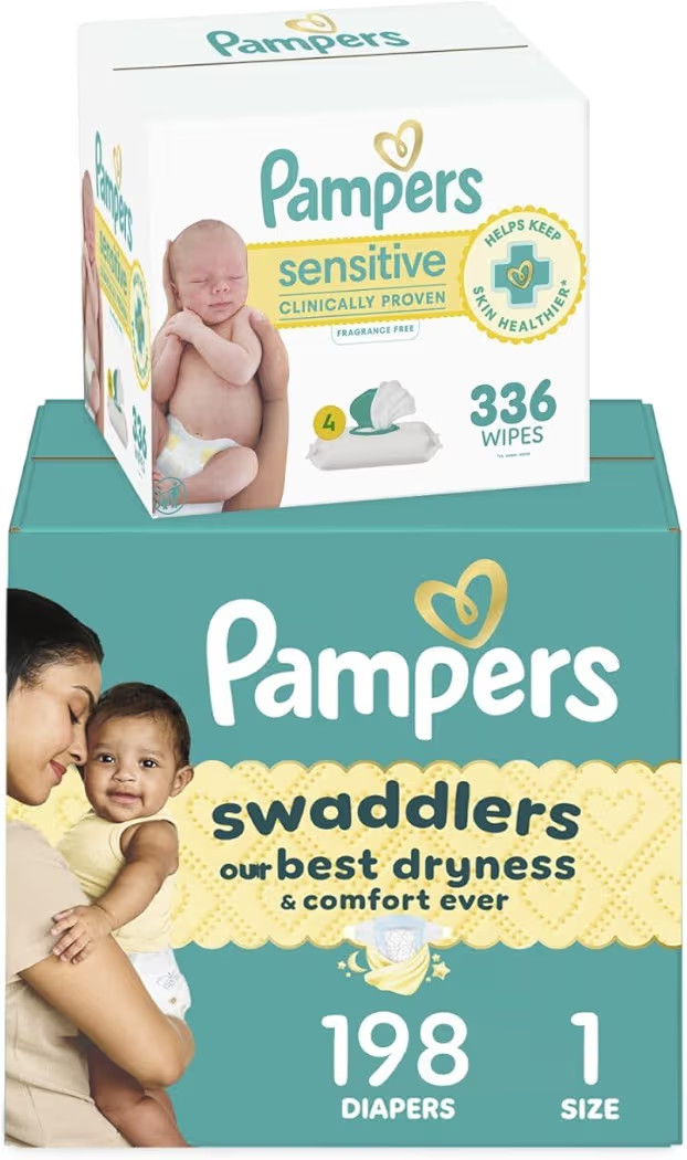 Pampers Swaddlers Disposable Baby Diapers Size 1, 198 Count with Sensitive Water Based Baby Wipes... | Amazon (US)