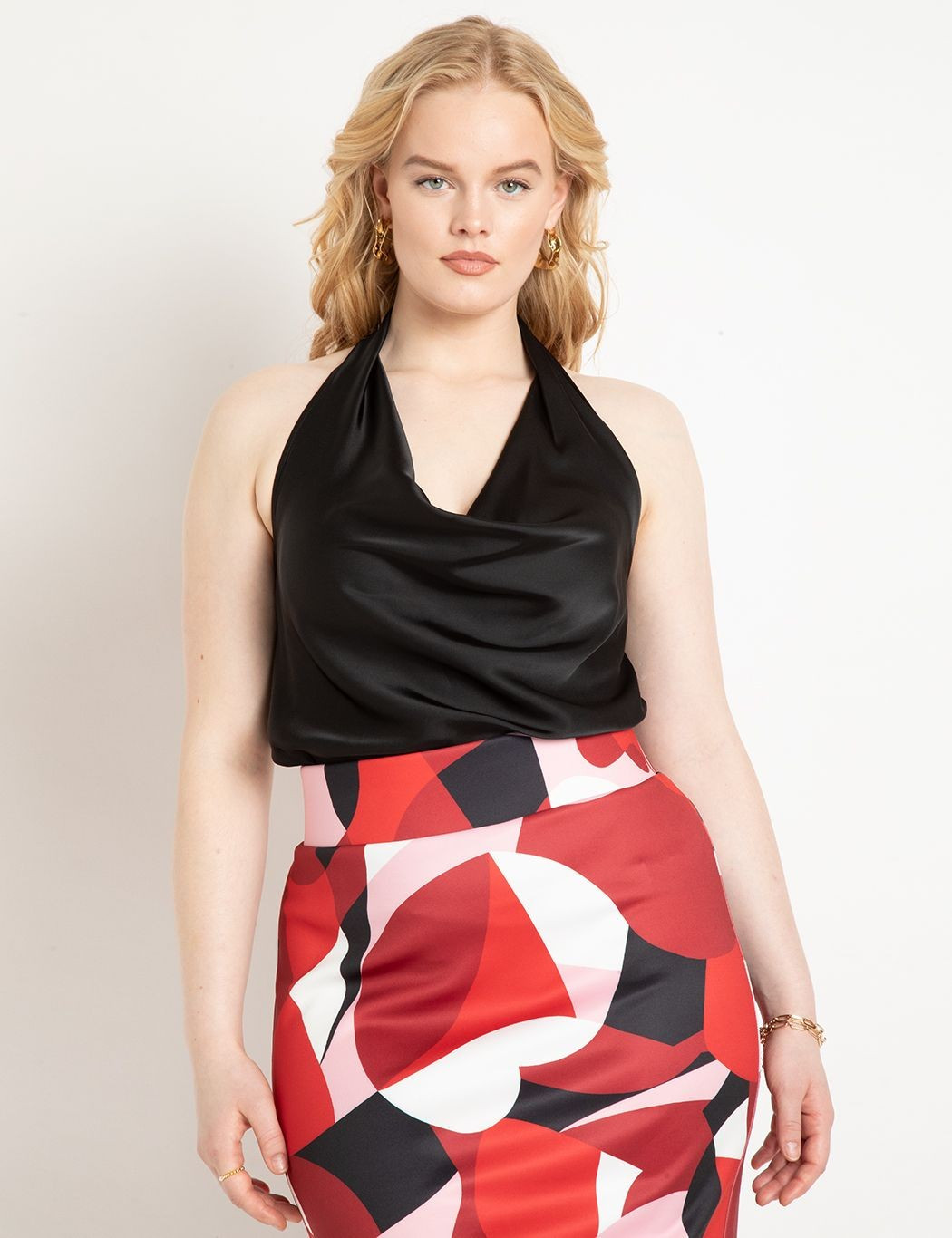Halter Cowl Satin Blouse | Women's Plus Size Tops | ELOQUII | Eloquii