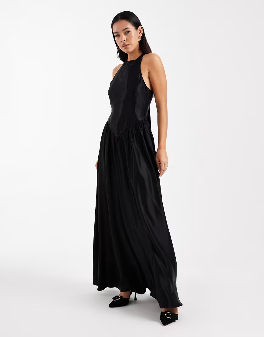 ASOS DESIGN satin slash neck seam detail maxi dress in black | ASOS (Global)