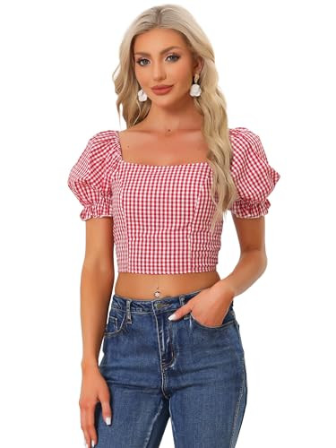 Allegra K Smocked Crop Top for Women's Bubble Sleeve Peasant Gingham Plaid Tops | Amazon (US)