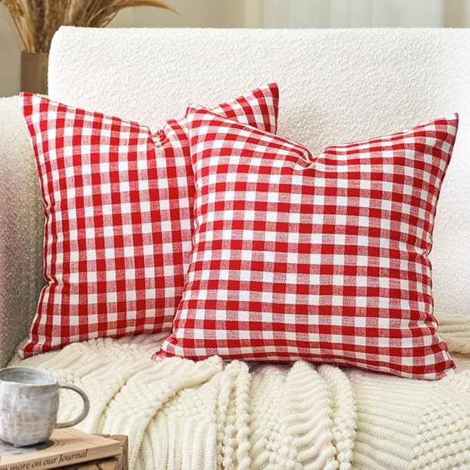 Carrie Home Red and White Christmas Decor Buffal Plaid Pillow Covers 18x18 Set of 2, Farmhouse Ch... | Amazon (US)