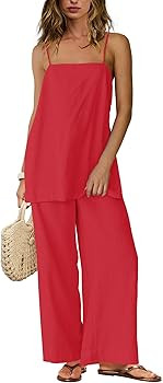 Panadila 2 Piece Linen Set Summer Travel Beach Vacation Outfit Sexy Spaghetti Strap Tank Top and ... | Amazon (US)