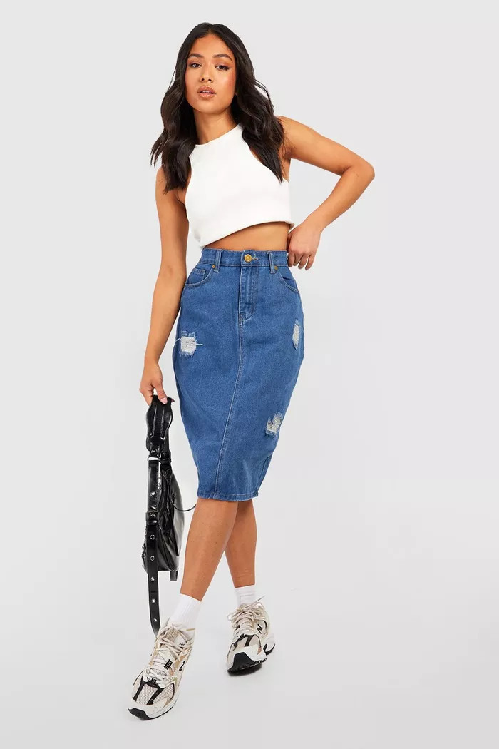 Petite Denim Mid Wash Midi Skirt | Boohoo.com (US & CA)