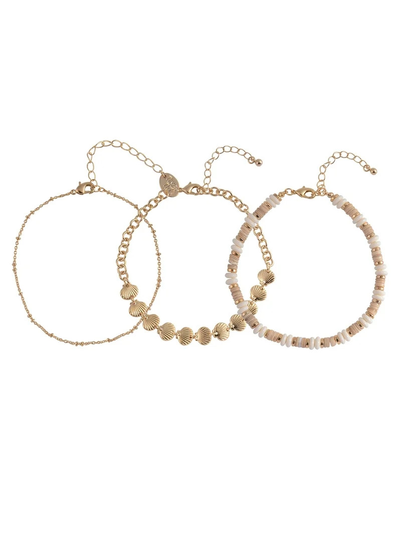 Time and Tru Adult Female Gold-Tone Metal Shell, Ball Chain, and Acrylic Beaded 3pc Anklet Set | Walmart (US)