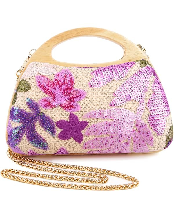 Women Straw Sequin Embroidered Flower Evening Handbag Clutch Purse Wooden Handle for Beach Holida... | Amazon (US)
