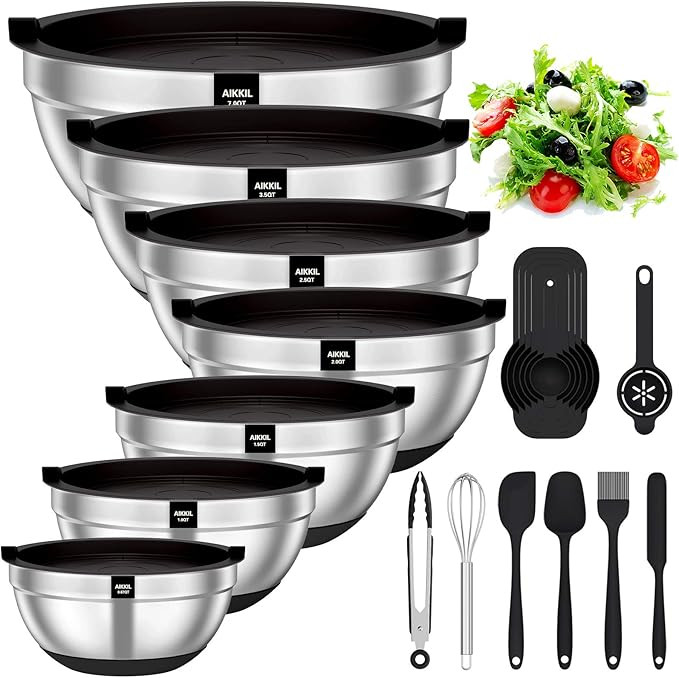 Mixing Bowls with Airtight Lids, 20 piece Stainless Steel Metal Nesting Bowls, AIKKIL Non-Slip Si... | Amazon (US)