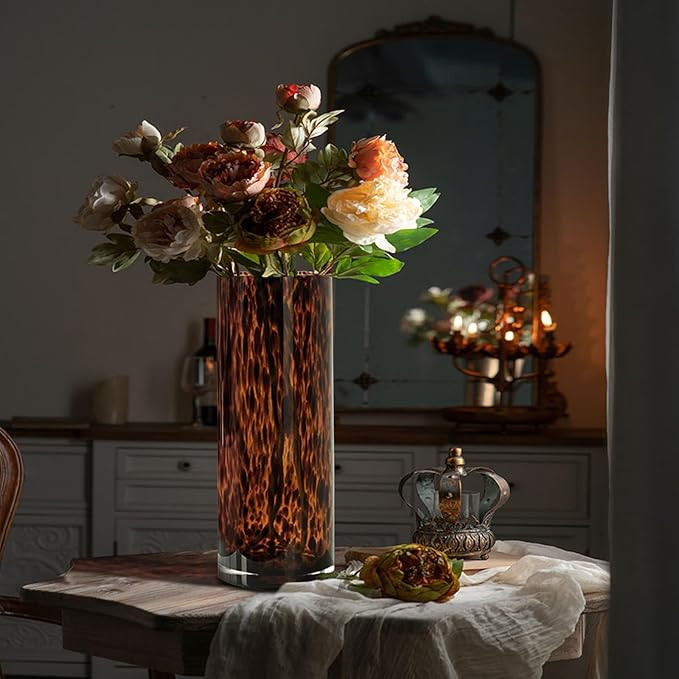 11.8" High Luxe Leopard Glass Vase — Unique Modern Amber Brown Centerpiece for Home Decor, Ever... | Amazon (US)