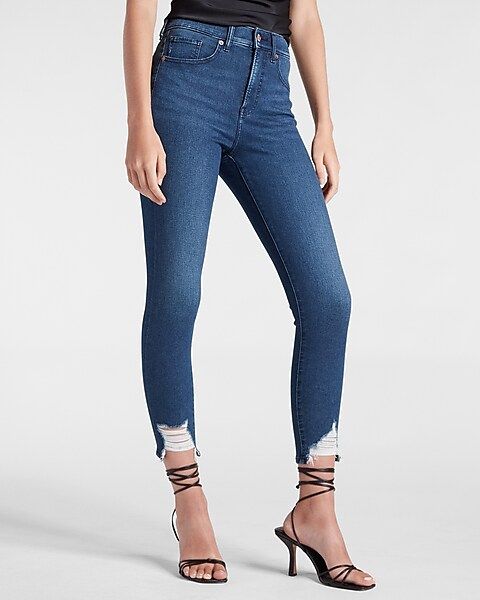 High Waisted Supersoft Medium Wash Ripped Hem Cropped Supersoft Skinny Jeans | Express