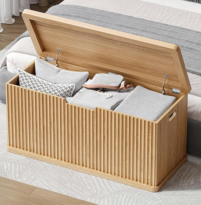 Fluted Storage Chest with 2 Safety Hinges, 37.4" Wooden Storage Trunk, Natural Entryway Bench, fo... | Amazon (US)