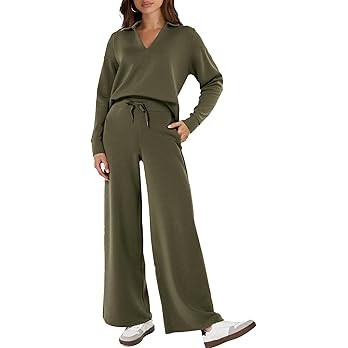 Glamaker Women's 2 Piece Sets Outfits Casual Long Sleeve Sweatsuits Polo Top and Wide Leg Pants M... | Amazon (US)