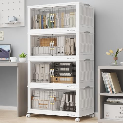 BROVIEW 240Qt Stackable Storage Bins with Lid, Extra Large Closet Organizer Collapsible Drawer Boxes with Wheels, Folding Plastic Cabinet Containers for Home Kitchen Room Organization, 4Pack White | Amazon (US)