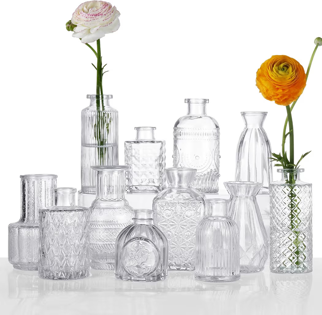 12 Pcs Small Glass Bud Vase Set of，Mini Vintage Vases in Bulk, Clear Bud Vases for Centerpieces... | Amazon (US)