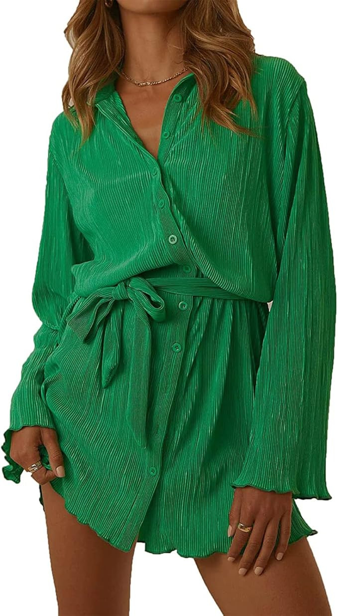 ABYOVRT Women Shirt Dresses Long Sleeve Pleated Mini Dress Casual Button Down Tunic Tops with Bel... | Amazon (US)