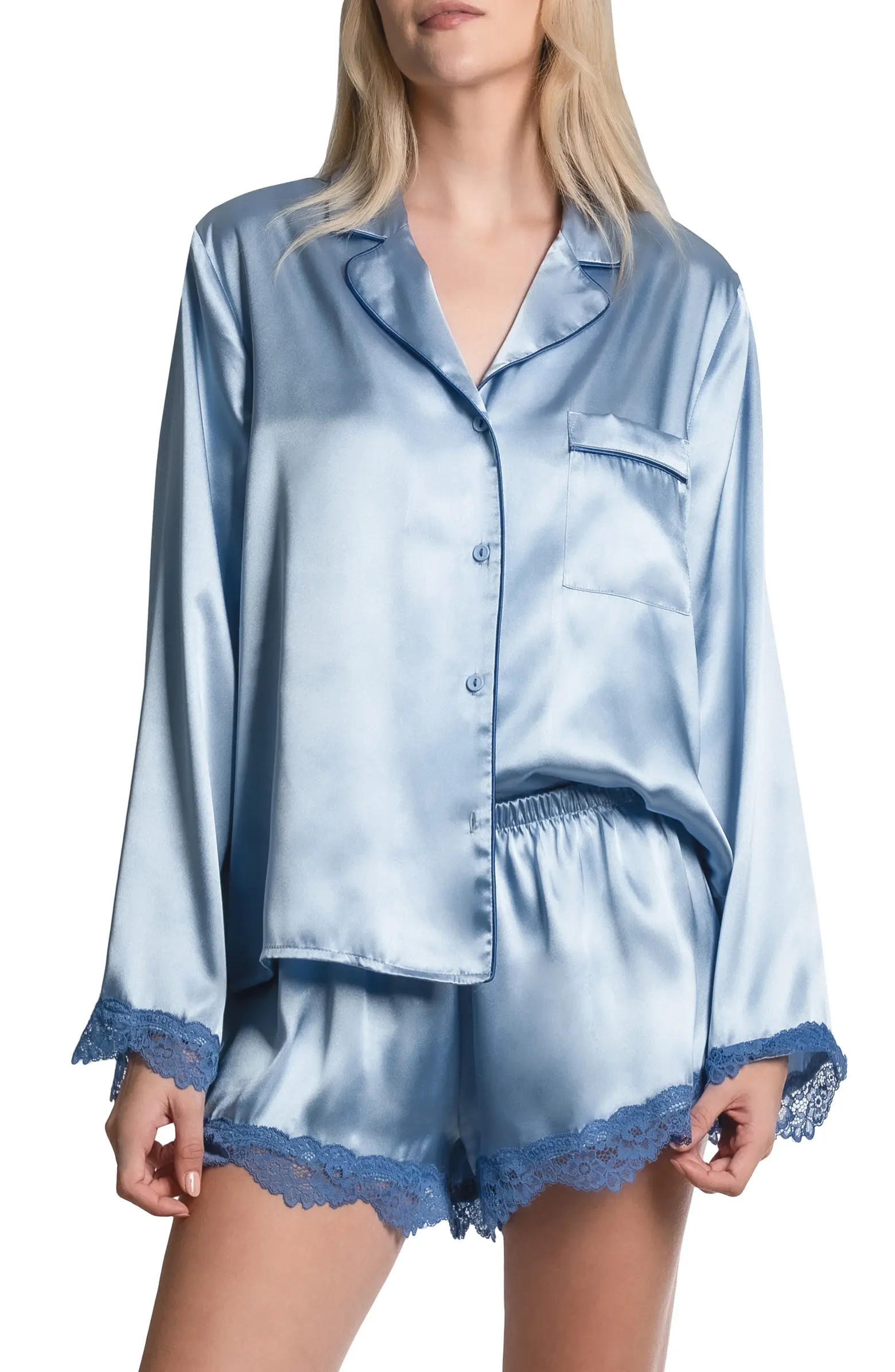 Felicity Lace Trim Long Sleeve Satin Shorts Pajamas | Nordstrom
