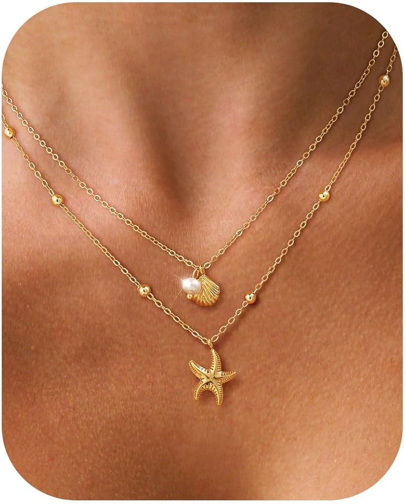Shell Starfish Charm for Women, Dainty Layered 14K Gold Plated Seashell Conch Starfish Pearl Pend... | Amazon (US)