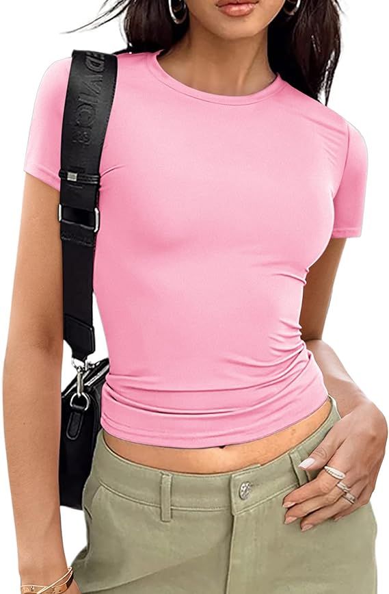 Zeagoo Women Short Sleeve Shirts Crewneck Slim Fitted Cute T Shirt Stretchy Bodycon Basic Tee Top... | Amazon (US)