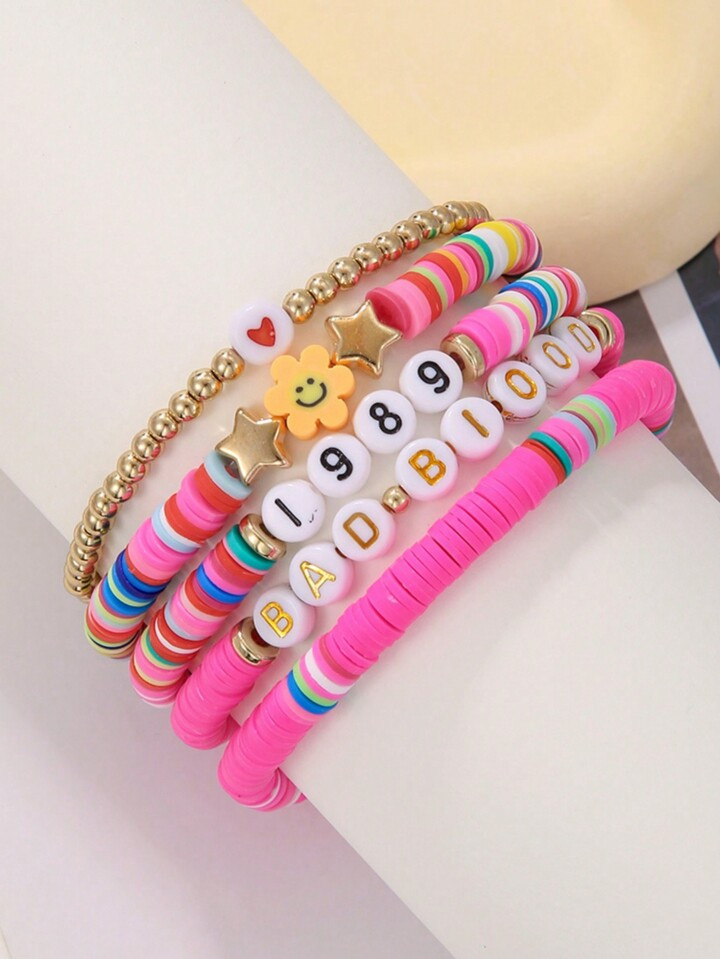 5pcs/Set Fashion Bohemian Random Color Polymer Clay Paved 1989 Number Bracelet Set For Women Frie... | SHEIN
