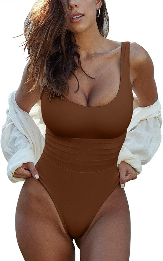 ESONLAR Women's One Piece Flattering Squared-Scoop Neck Chic Mid-Back Cut Out Under Bust Band Bat... | Amazon (US)