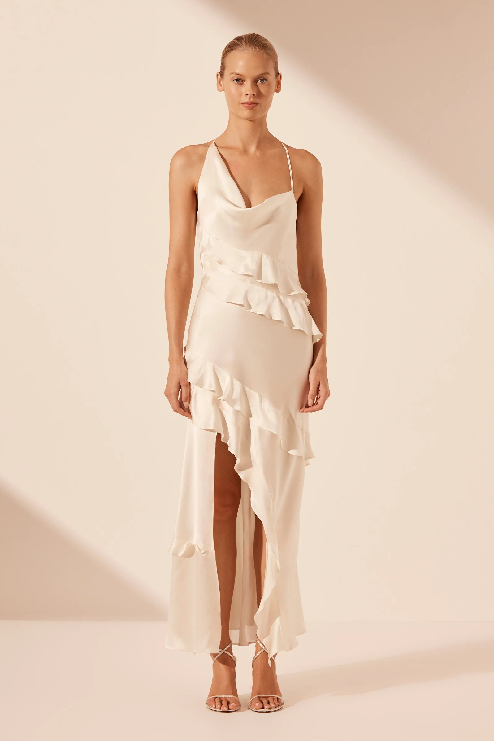 LOUELLA SILK ASYMMETRICAL RUFFLE MAXI DRESS | IVORY | DRESSES | SHONA JOY | Shona Joy