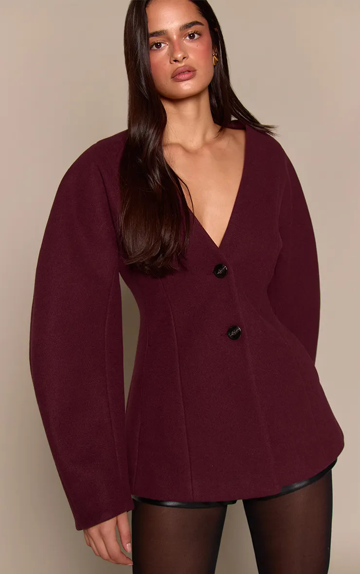 PrettyLittleThing Chocolate Plum Collarless Cocoon Sleeve Blazer | Debenhams | Debenhams UK