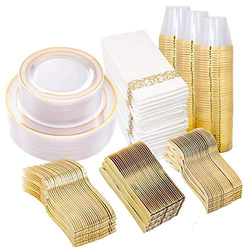 I00000 50 Guests Clear Gold Plastic Plates, Gold Plates Dinnerware Includes: 50 Dinner Plates，50 Salad Plates, 50 Gold Plastic Silverware Set, 50 Gold Disposable Cups, 50 Napkins For Party | Amazon (US)