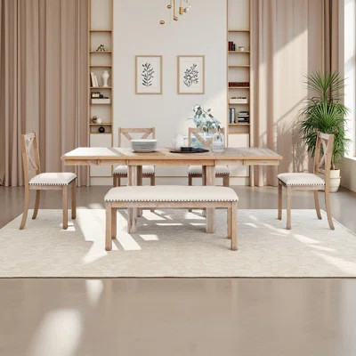 Farmhouse 82Inch 6-Piece Extendable Dining Table With Footrest, 4 Upholstered Dining Chairs And Dining Bench, Two 11"Removable Leaf | Wayfair North America