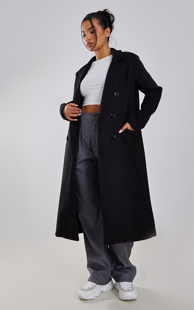 Black Double Breasted Wool Look Overcoat | PrettyLittleThing UK