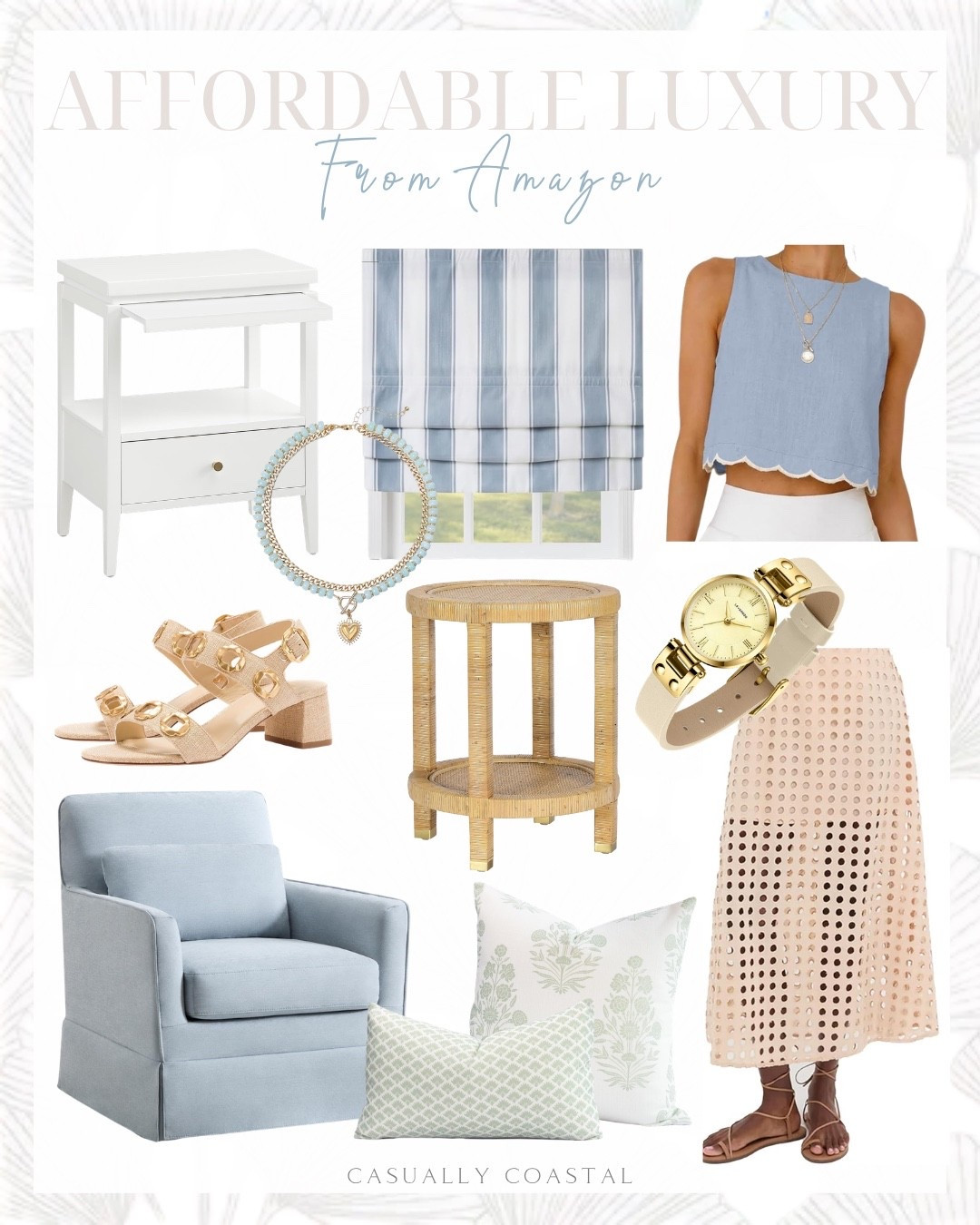 Affordable Luxury From Amazon

Amazon home decor, Amazon nightstand, Amazon pillow covers, Amazon pillows, Amazon side table, Amazon heels, Amazon skirt, Amazon tank top, Amazon necklace, Amazon accent chair, white wood nightstand, swivel accent chair, blue accent chair, coastal home decor, coastal style, wide stripe Roman shades, coastal side table, indoor outdoor throw pillow cover, floral pillow, lumbar pillow cover, high neck linen tank top, eyelet maxi skirt, small gold watch, layered necklace, summer heels, chunky block heels

#LTKHome #LTKSeasonal