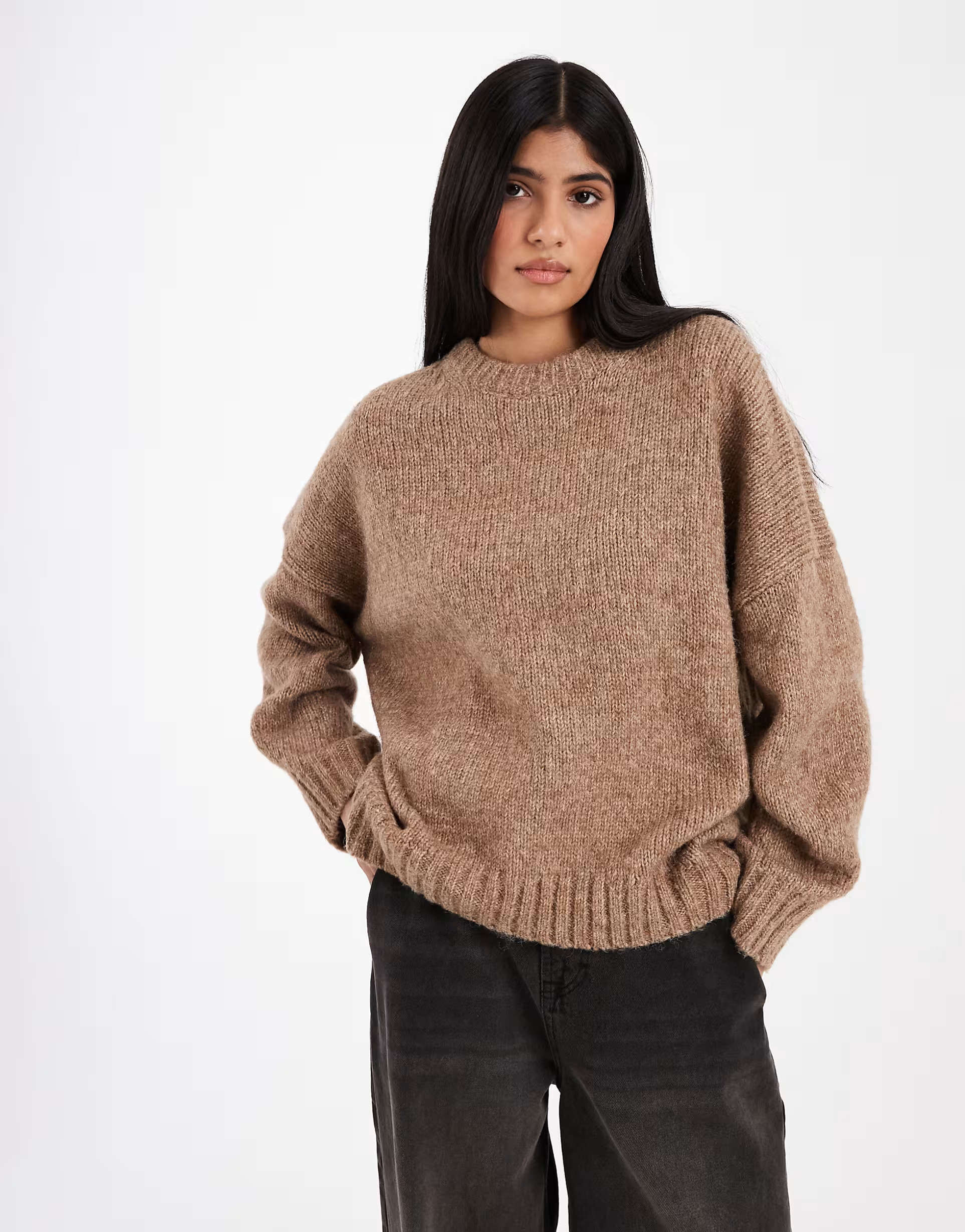ASOS DESIGN oversized crew neck sweater with curved hem in dark beige | ASOS (Global)
