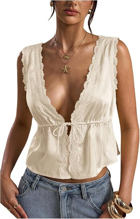 RoseSeek Women's Tie Front Deep V Neck Peplum Tops Lace Trim Satin Tank Top | Amazon (US)