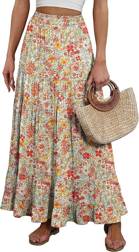 ANRABESS Womens Maxi Skirt Elastic High Waist Swing Tiered A-line Flowy Pleated Boho Beach Vacati... | Amazon (US)