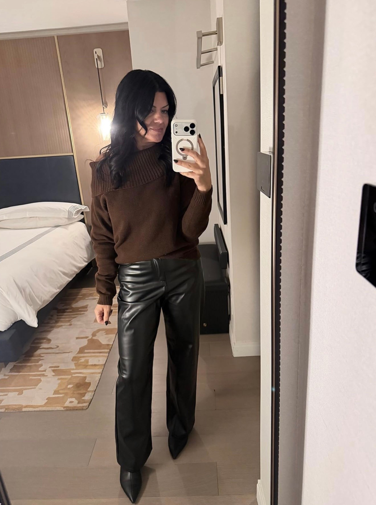 Date night outfit. Faux leather pants, off shoulder sweater, kitten heel boots and faux fur jacket. Look for less. Winter fashion. Brown and black styling.

#LTKgrwm #LTKootd