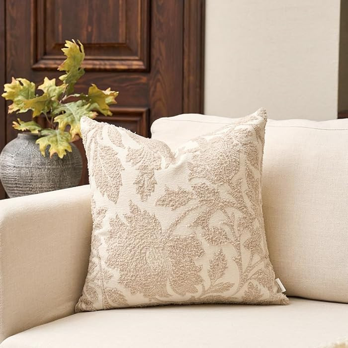 Yangest Chenille Floral Pillow Cover 18 x18 Inches, Neutral Jacquard Square Throw Pillow Cover So... | Amazon (US)
