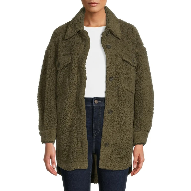 Love Tree Juniors’ Faux Sherpa Shacket - Walmart.com | Walmart (US)