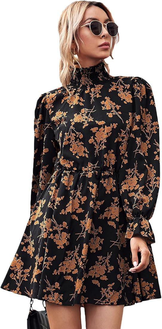 Floerns Women's Mock Neck Long Sleeve Floral Print Ruffle Short Dress | Amazon (US)
