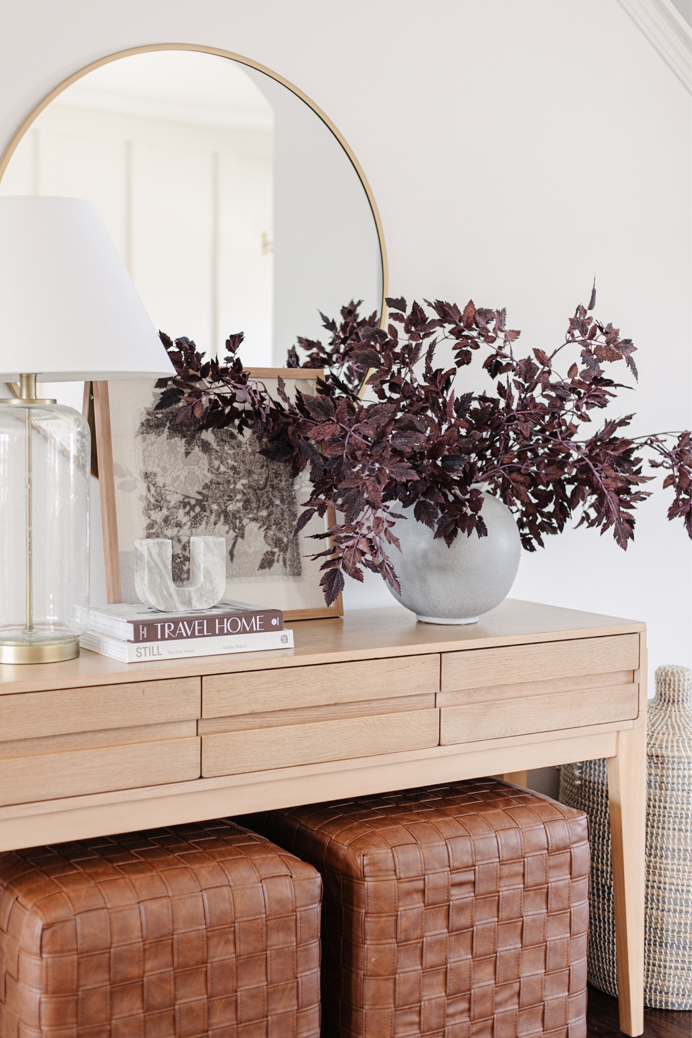 Entryway decor with plum cimicifuga ramosa foliage, purple leaves for fall, faux leather woven cubes, white oak console table.

#LTKhome #LTKFind #LTKSeasonal