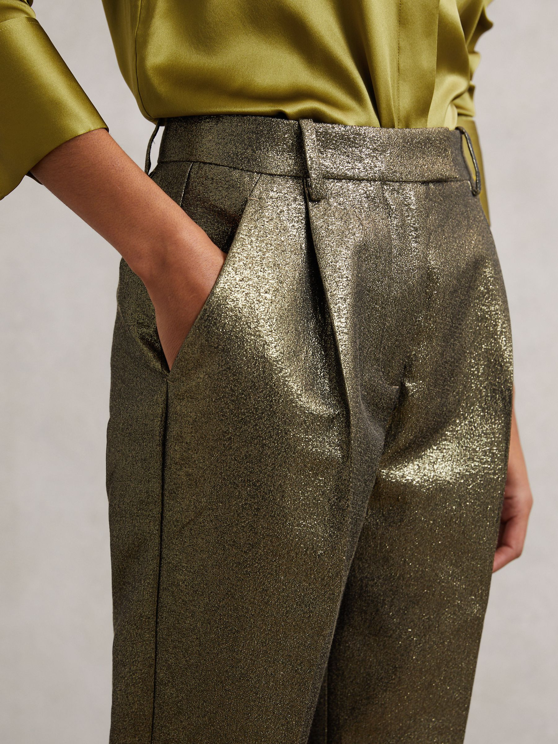 Reiss Petite Tapered Metallic Suit Trousers with Cotton in Gold | REISS | Reiss US