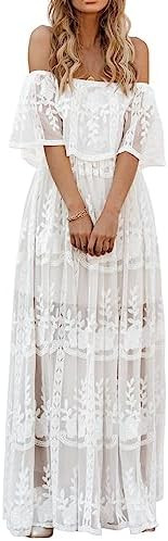 Women's Casual Off Shoulder Lace Maxi Dress Boho White Bridesmaid Wedding Evening Party Dresses | Amazon (US)